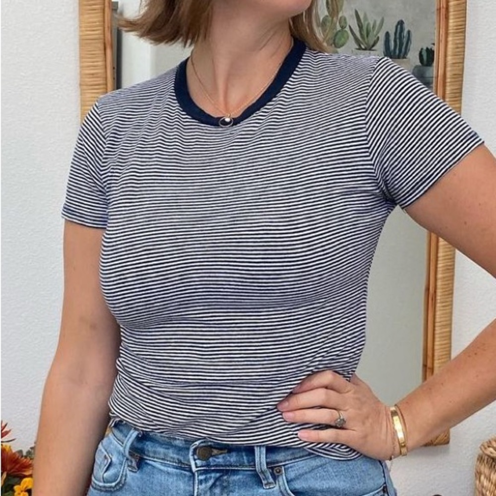 Brandy Melville white & navy striped t shirt